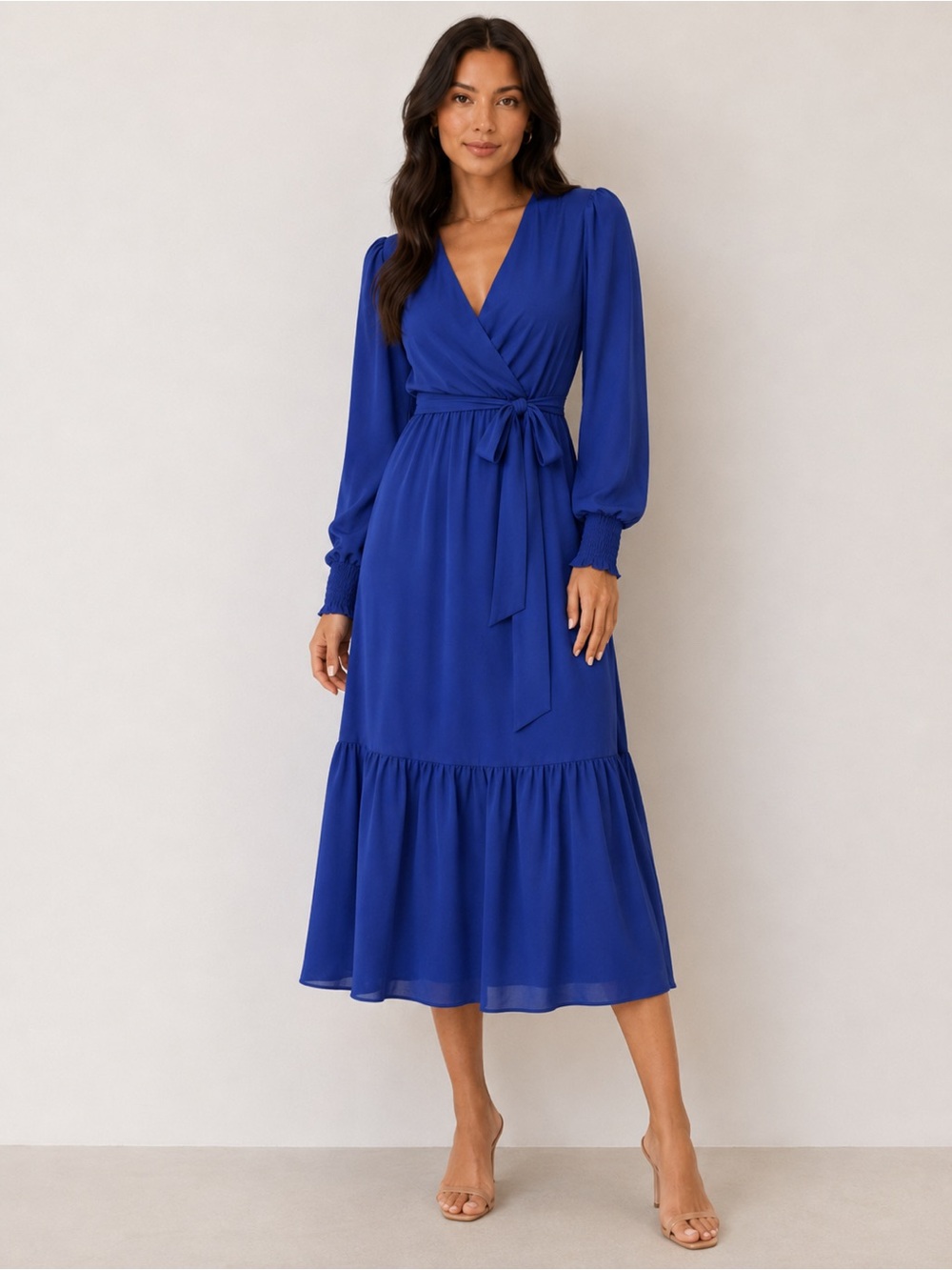 Elegant Royal Blue Long Sleeve Wrap Midi Dress